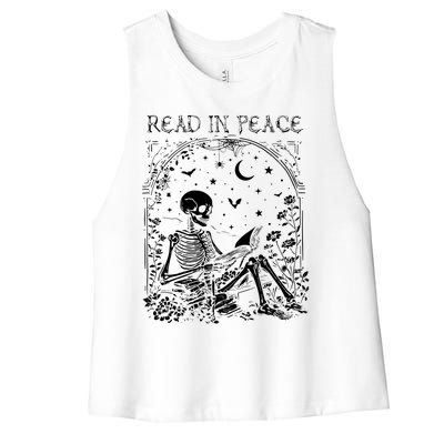 Read In Peace Skeleton Reading Teacher Spooky Halloween Women's Racerback Cropped Tank