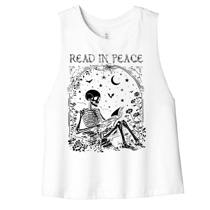 Read In Peace Skeleton Reading Teacher Spooky Halloween Women's Racerback Cropped Tank