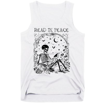 Read In Peace Skeleton Reading Teacher Spooky Halloween Tank Top