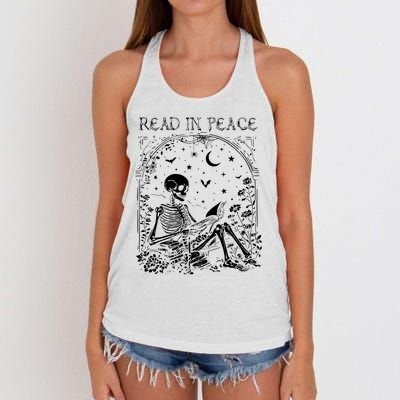 Read In Peace Skeleton Reading Teacher Spooky Halloween Women's Knotted Racerback Tank