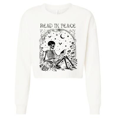 Read In Peace Skeleton Reading Teacher Spooky Halloween Cropped Pullover Crew