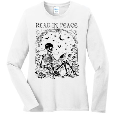 Read In Peace Skeleton Reading Teacher Spooky Halloween Ladies Long Sleeve Shirt