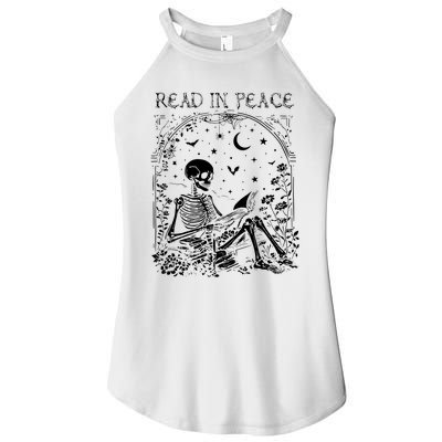 Read In Peace Skeleton Reading Teacher Spooky Halloween Women's Perfect Tri Rocker Tank