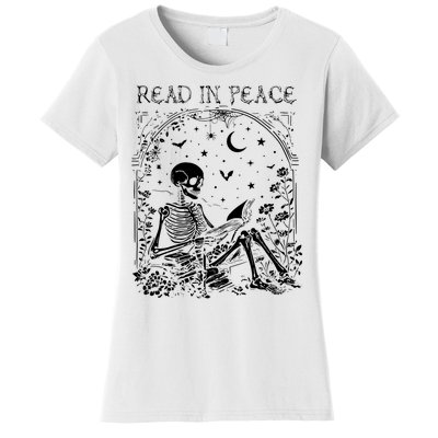 Read In Peace Skeleton Reading Teacher Spooky Halloween Women's T-Shirt