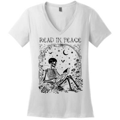 Read In Peace Skeleton Reading Teacher Spooky Halloween Women's V-Neck T-Shirt