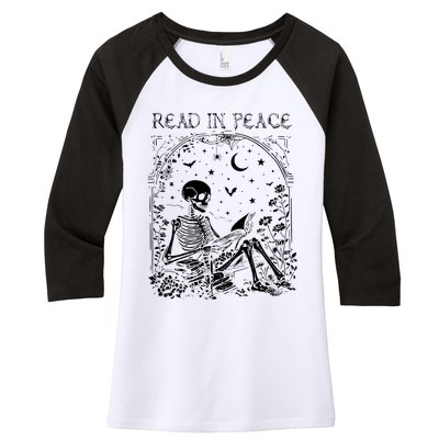 Read In Peace Skeleton Reading Teacher Spooky Halloween Women's Tri-Blend 3/4-Sleeve Raglan Shirt