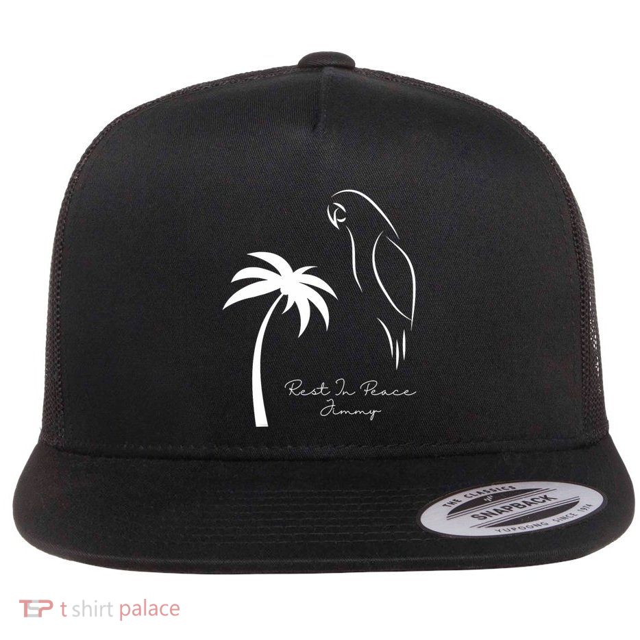 Rest In Peace Parrot Palm Tree Music Lovers Remembrance Flat Bill Trucker Hat