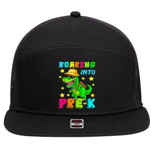 Roaring Into Preschool Dinosaur Back To School Cool Gift 7 Panel Mesh Trucker Snapback Hat