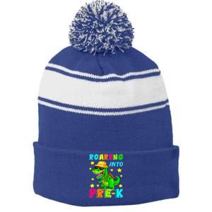 Roaring Into Preschool Dinosaur Back To School Cool Gift Stripe Pom Pom Beanie