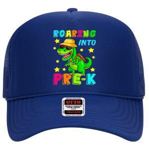 Roaring Into Preschool Dinosaur Back To School Cool Gift High Crown Mesh Back Trucker Hat