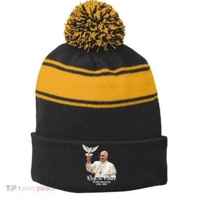 Rest In Peace Pope Francis 1936-2025 Stripe Pom Pom Beanie
