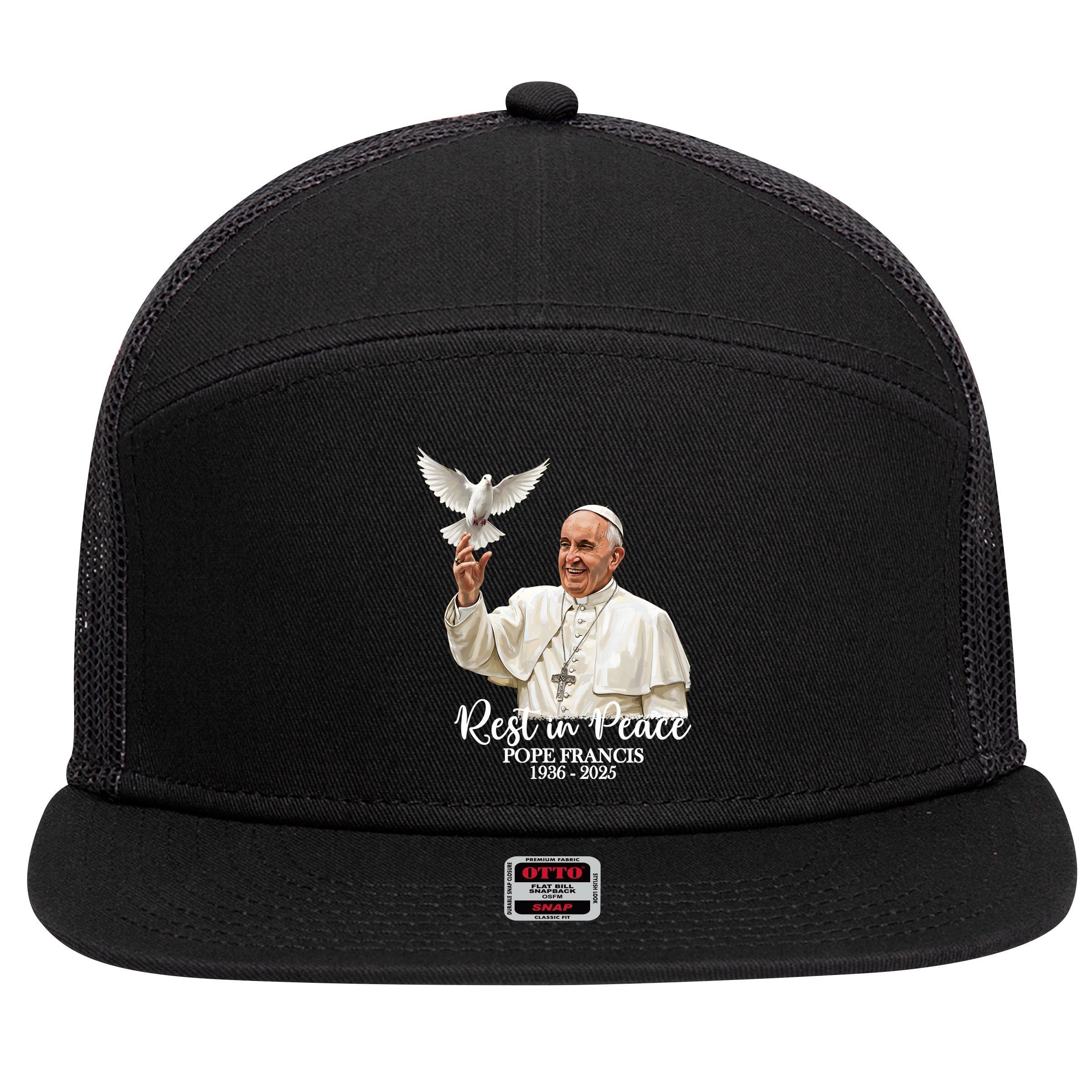 Rest In Peace Pope Francis 1936-2025 7 Panel Mesh Trucker Snapback Hat