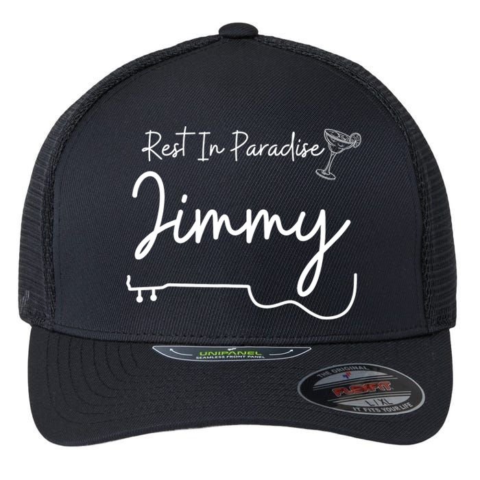 Rest In Paradise Jimmy Music Guitar Margarita Flexfit Unipanel Trucker Cap