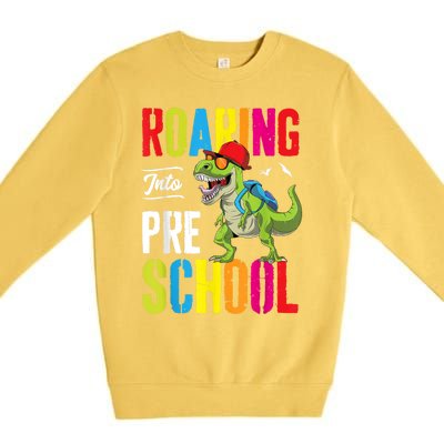 Roaring Into Preschool Dinosaur Teacher Pre K Back To School Premium Crewneck Sweatshirt