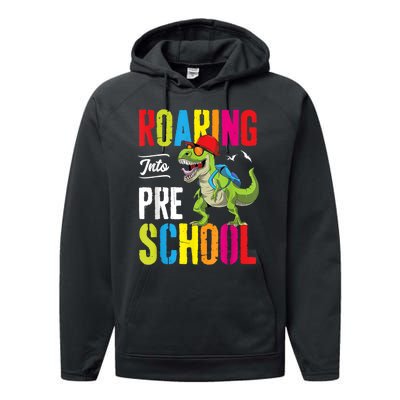 Roaring Into Preschool Dinosaur Teacher Pre K Back To School Performance Fleece Hoodie