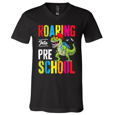 Roaring Into Preschool Dinosaur Teacher Pre K Back To School V-Neck T-Shirt