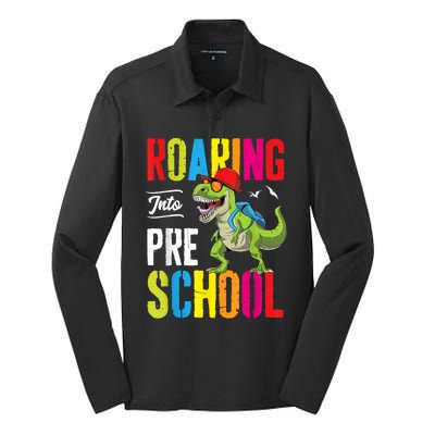 Roaring Into Preschool Dinosaur Teacher Pre K Back To School Silk Touch Performance Long Sleeve Polo