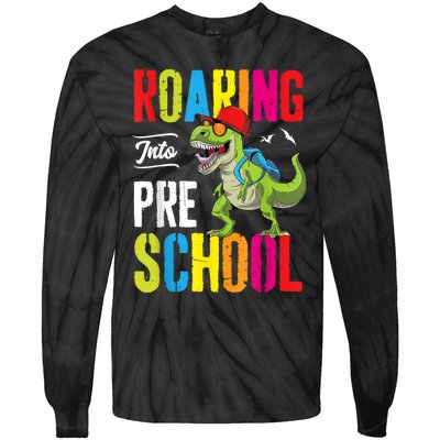 Roaring Into Preschool Dinosaur Teacher Pre K Back To School Tie-Dye Long Sleeve Shirt