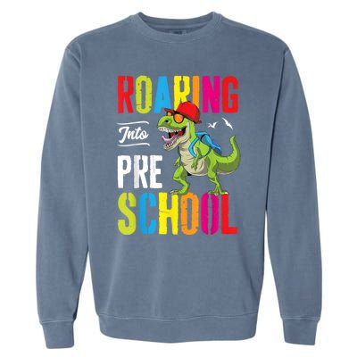 Roaring Into Preschool Dinosaur Teacher Pre K Back To School Garment-Dyed Sweatshirt