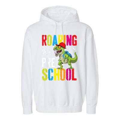 Roaring Into Preschool Dinosaur Teacher Pre K Back To School Garment-Dyed Fleece Hoodie