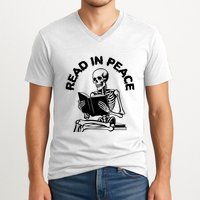 Read In Peace Halloween Skeleton Reads Book V-Neck T-Shirt