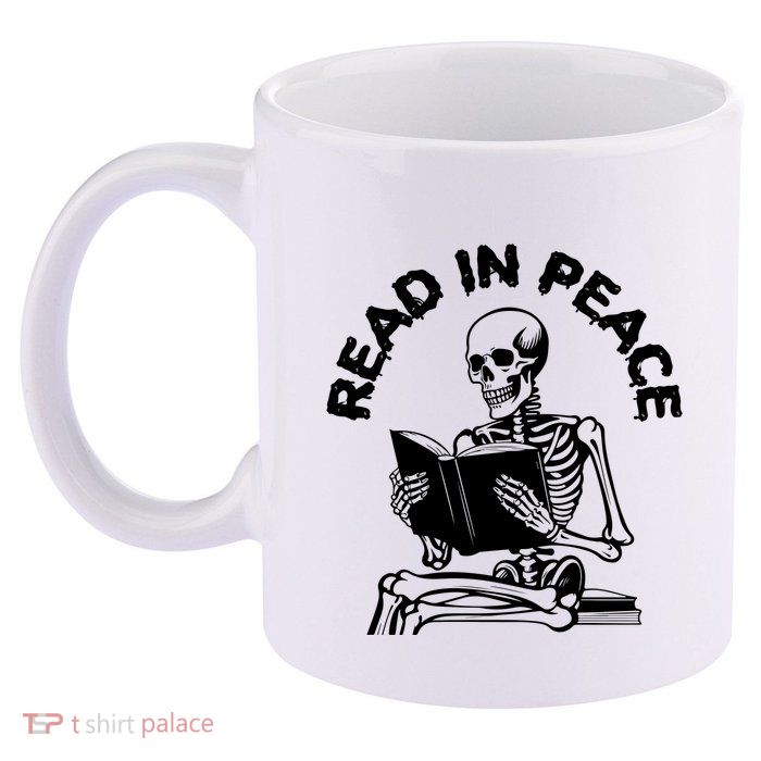 Read In Peace Halloween Skeleton Reads Book 11oz C Handle Ceramic Mug