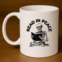 Read In Peace Halloween Skeleton Reads Book 11oz C Handle Ceramic Mug