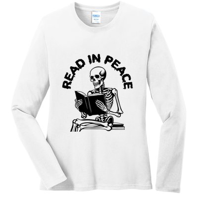 Read In Peace Halloween Skeleton Reads Book Ladies Long Sleeve Shirt