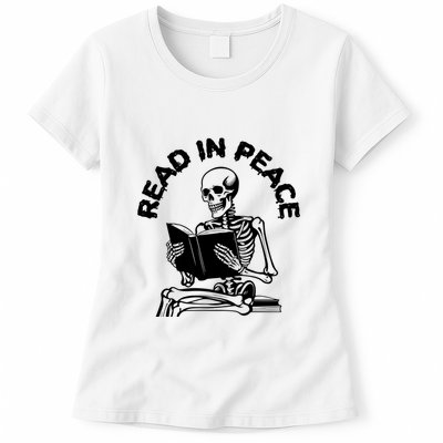 Read In Peace Halloween Skeleton Reads Book Womens T-Shirt