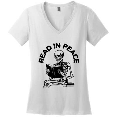 Read In Peace Halloween Skeleton Reads Book Women's V-Neck T-Shirt