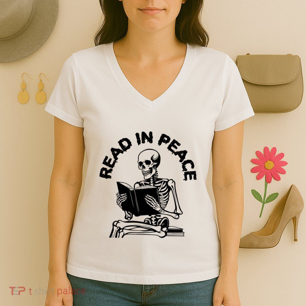 Read In Peace Halloween Skeleton Reads Book Women's V-Neck T-Shirt