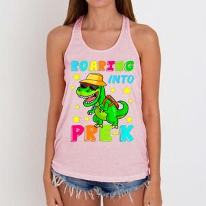 Roaring Into Preschool Dinosaur Back To School Gift Women's Knotted Racerback Tank