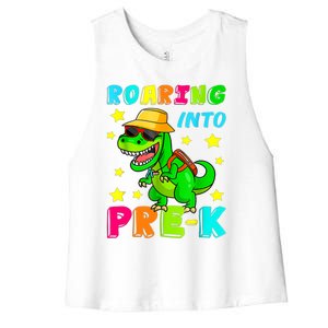 Roaring Into Preschool Dinosaur Back To School Gift Women's Racerback Cropped Tank