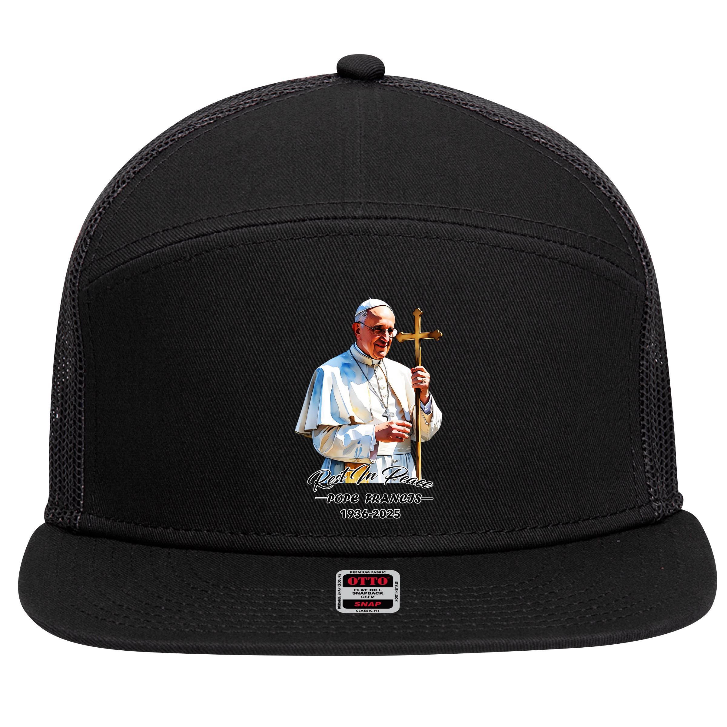 Rest In Peace Pope Francis 1936-2025 7 Panel Mesh Trucker Snapback Hat
