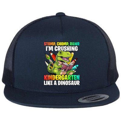 Roaring Into Preschool Dinosaur First School Day School Dino Flat Bill Trucker Hat