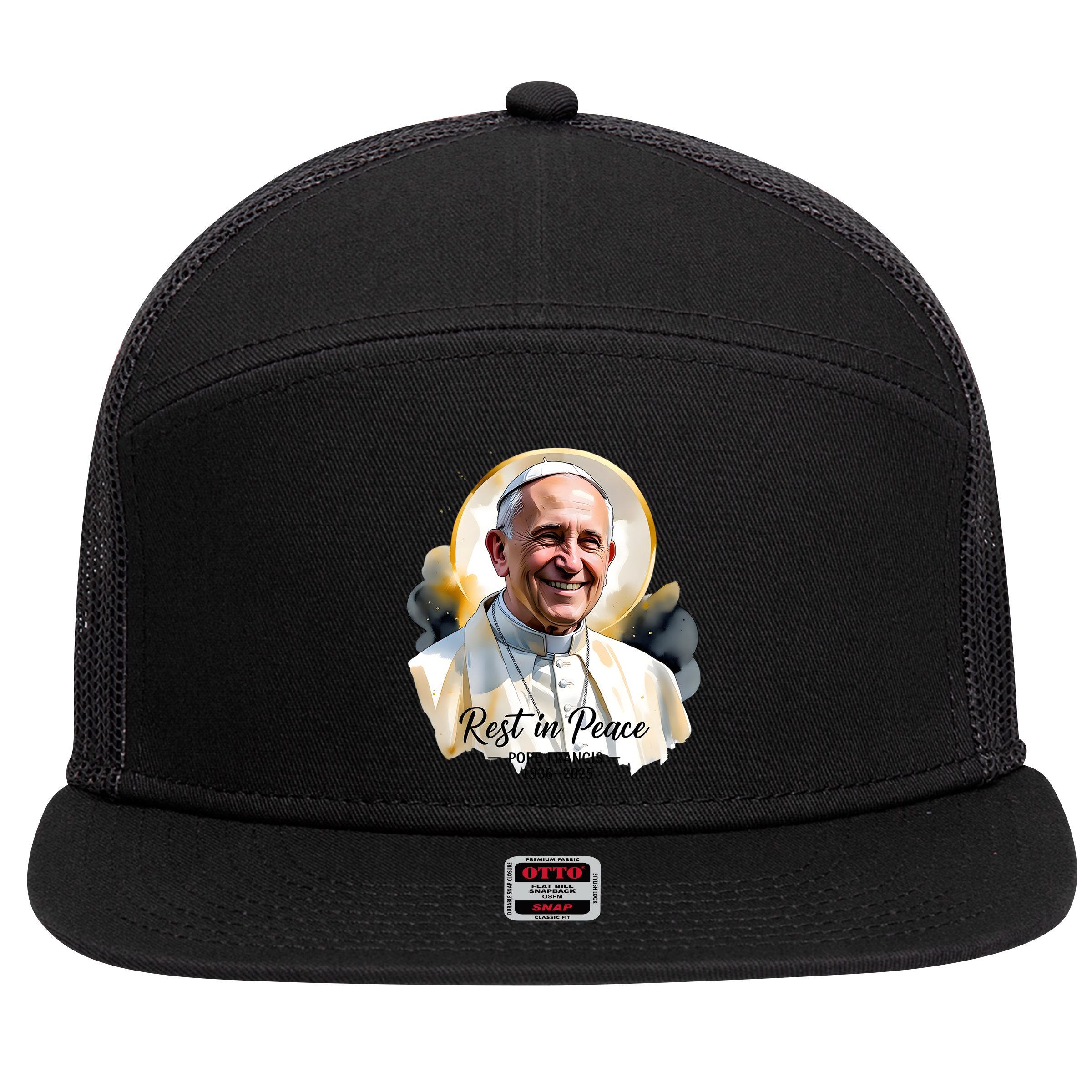 Rest In Peace Pope Francis 1936-2025 7 Panel Mesh Trucker Snapback Hat