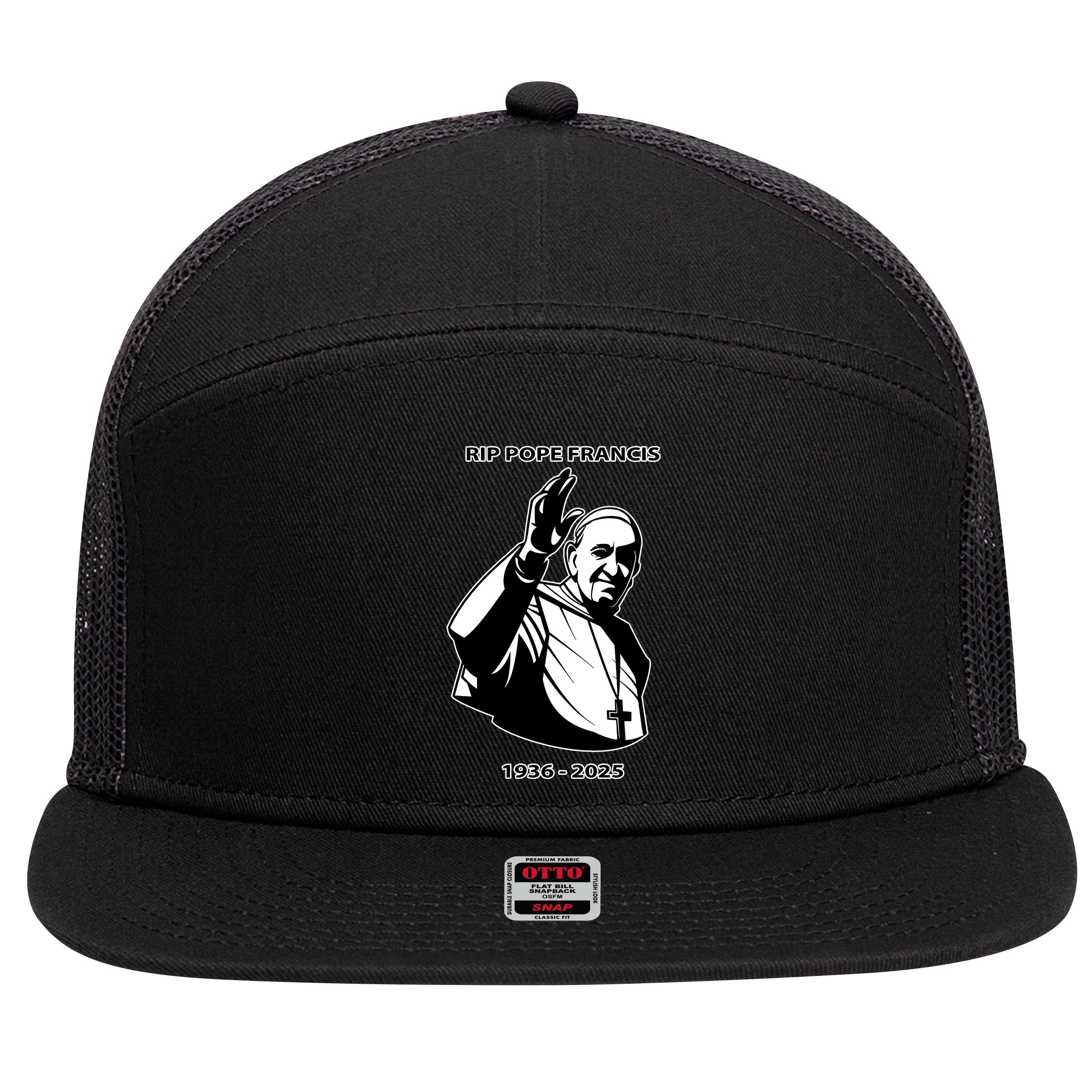 Rest In Peace Pope Francis 1936-2025 7 Panel Mesh Trucker Snapback Hat