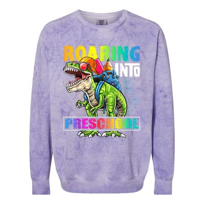 Roaring Into Preschool Dinosaur Backpack Back To School Boy Colorblast Crewneck Sweatshirt