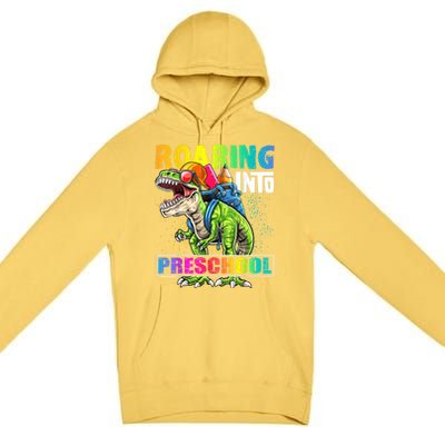 Roaring Into Preschool Dinosaur Backpack Back To School Boy Premium Pullover Hoodie