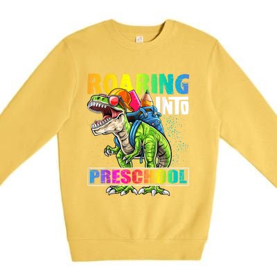 Roaring Into Preschool Dinosaur Backpack Back To School Boy Premium Crewneck Sweatshirt