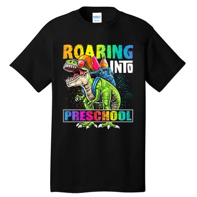 Roaring Into Preschool Dinosaur Backpack Back To School Boy Tall T-Shirt