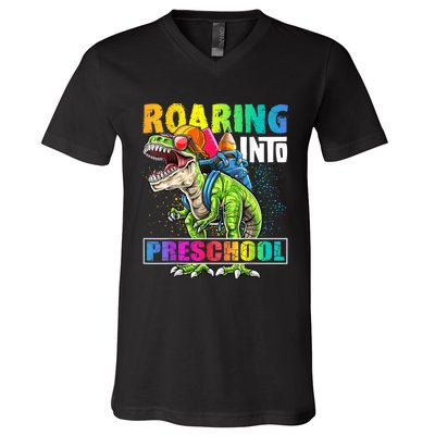 Roaring Into Preschool Dinosaur Backpack Back To School Boy V-Neck T-Shirt