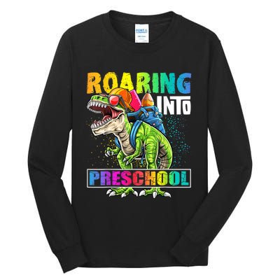 Roaring Into Preschool Dinosaur Backpack Back To School Boy Tall Long Sleeve T-Shirt