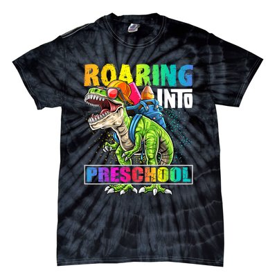 Roaring Into Preschool Dinosaur Backpack Back To School Boy Tie-Dye T-Shirt