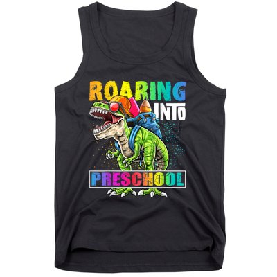 Roaring Into Preschool Dinosaur Backpack Back To School Boy Tank Top