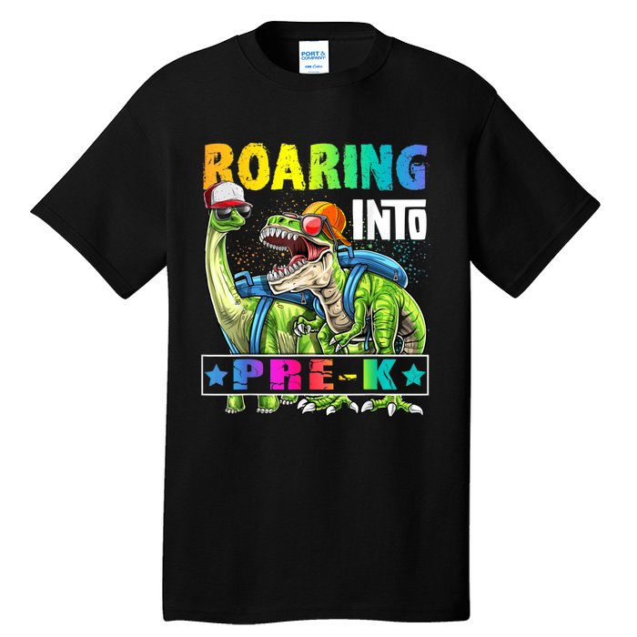 Roaring Into PreK Dinosaur Backpack Back To School Boy Tall T-Shirt