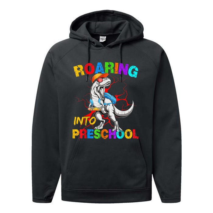 Roaring Into Preschool T Rex Dinosaur Back To School Performance Fleece Hoodie