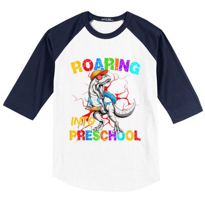 Roaring Into Preschool T Rex Dinosaur Back To School Baseball Sleeve Shirt