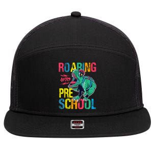 Roaring Into Preschool Dinosaur First School Day School Dino 7 Panel Mesh Trucker Snapback Hat