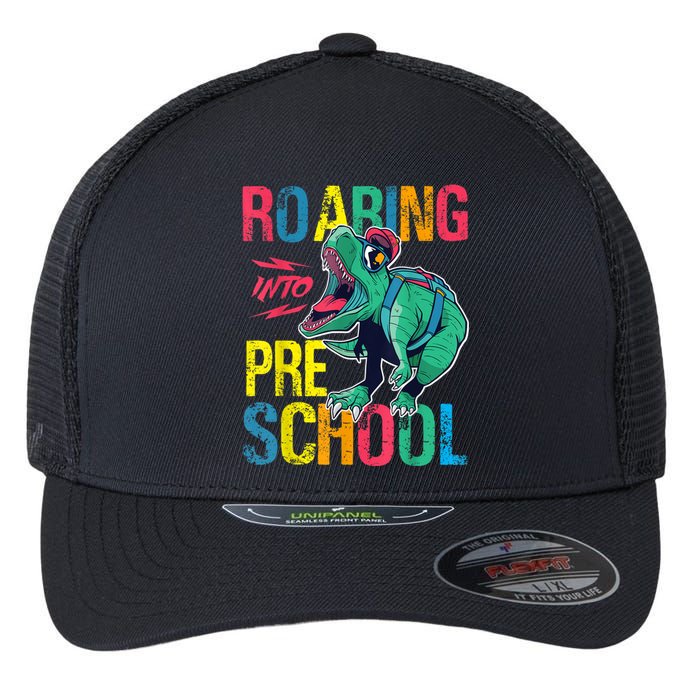 Roaring Into Preschool Dinosaur First School Day School Dino Flexfit Unipanel Trucker Cap